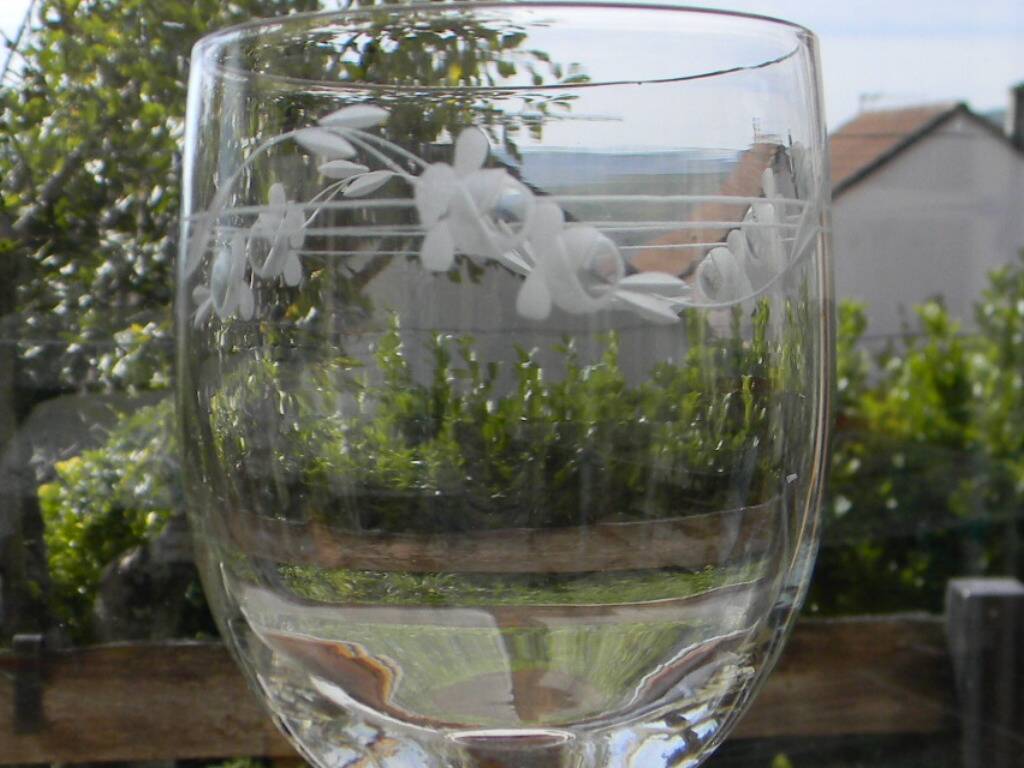 Set of 8 antique glass water glasses. Engraved floral border