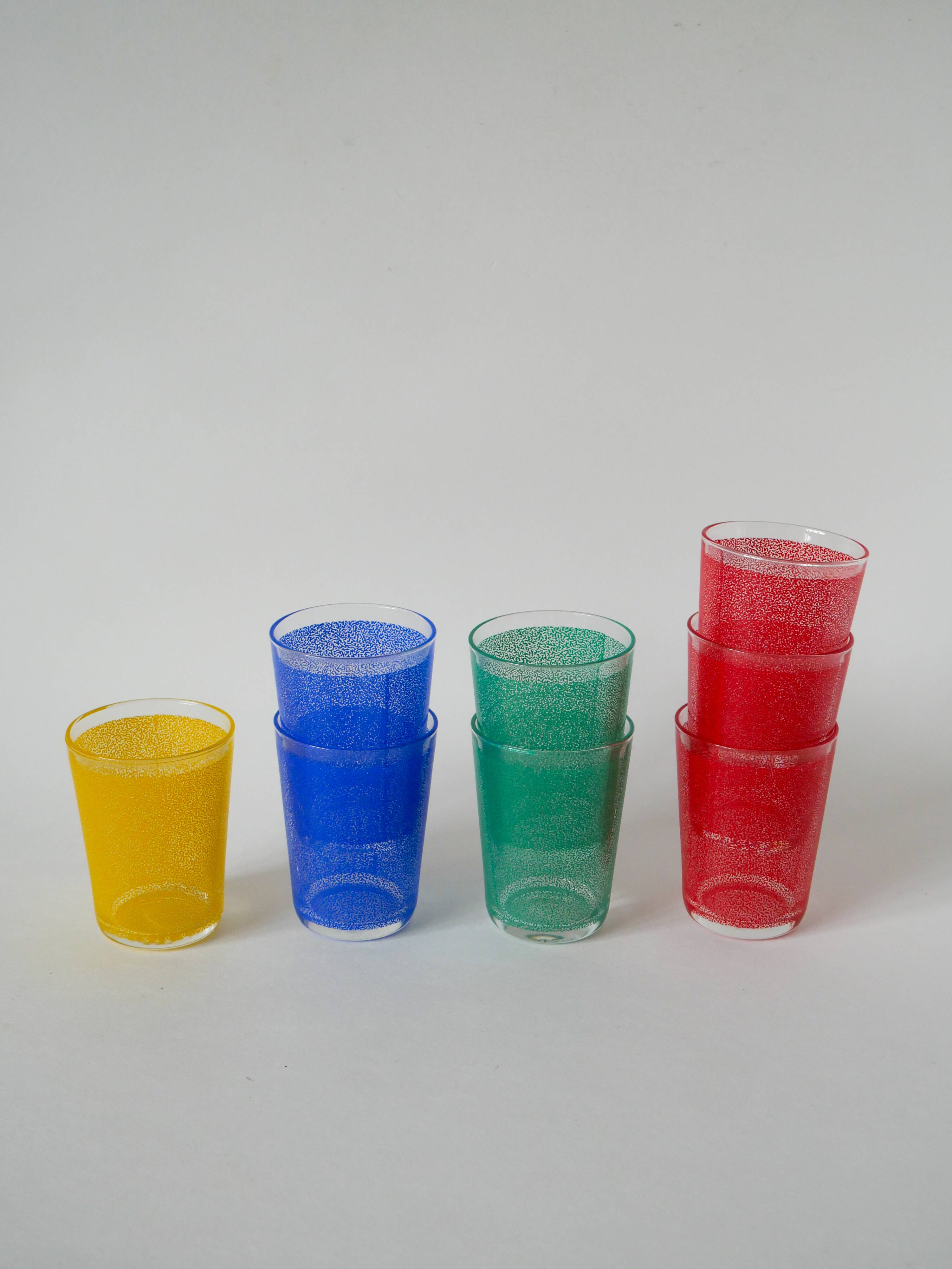 Set of 8 water glasses, red, green, yellow and blue, 1970
