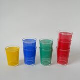 Ensemble de 8 verres à eau, rouge, vert, jaune et bleu, 1970
