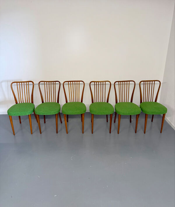 Lot de 6 chaises en bois et bouclette design français Charles Ramos