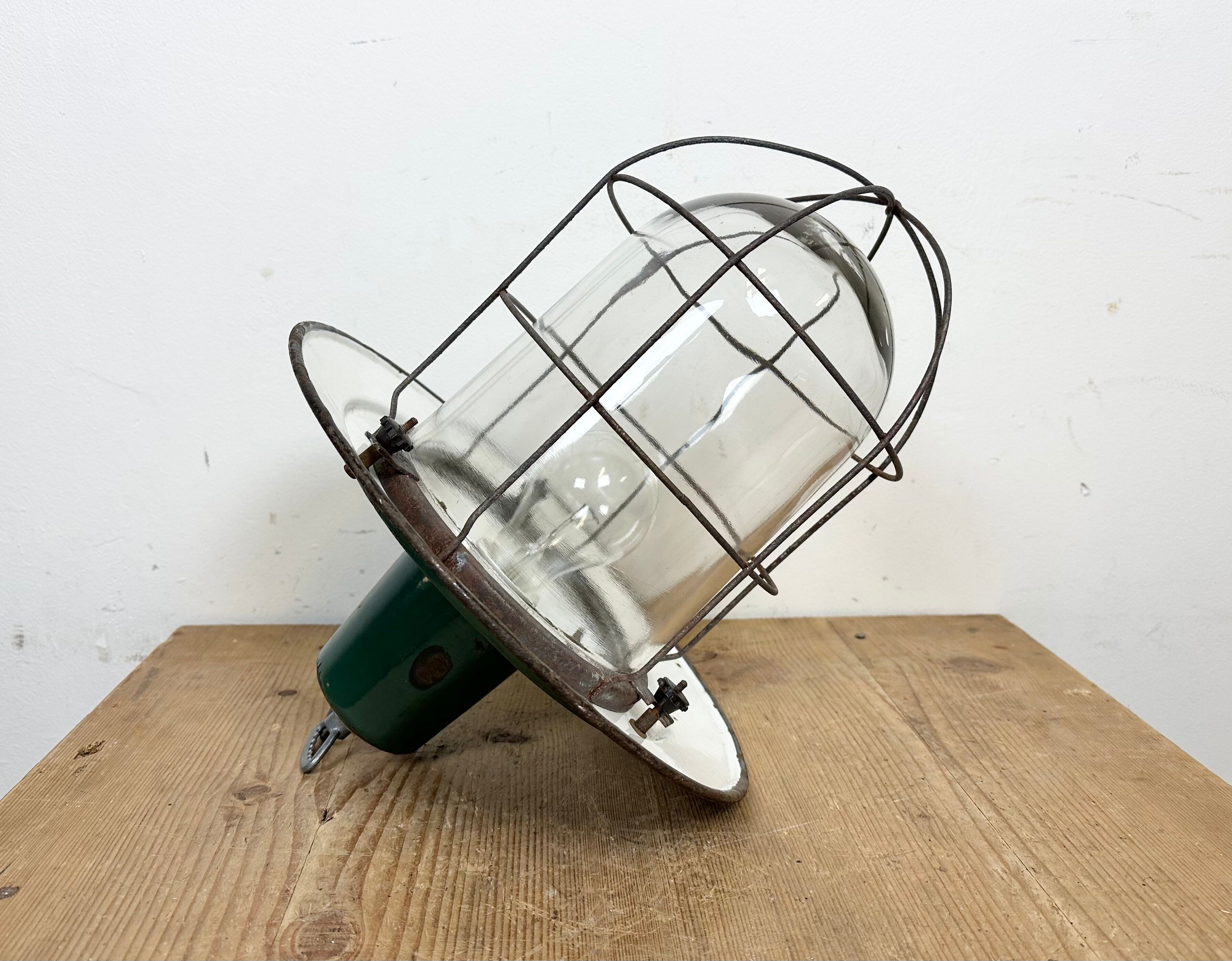 Industrial green enamel cage pendant light, 1960s