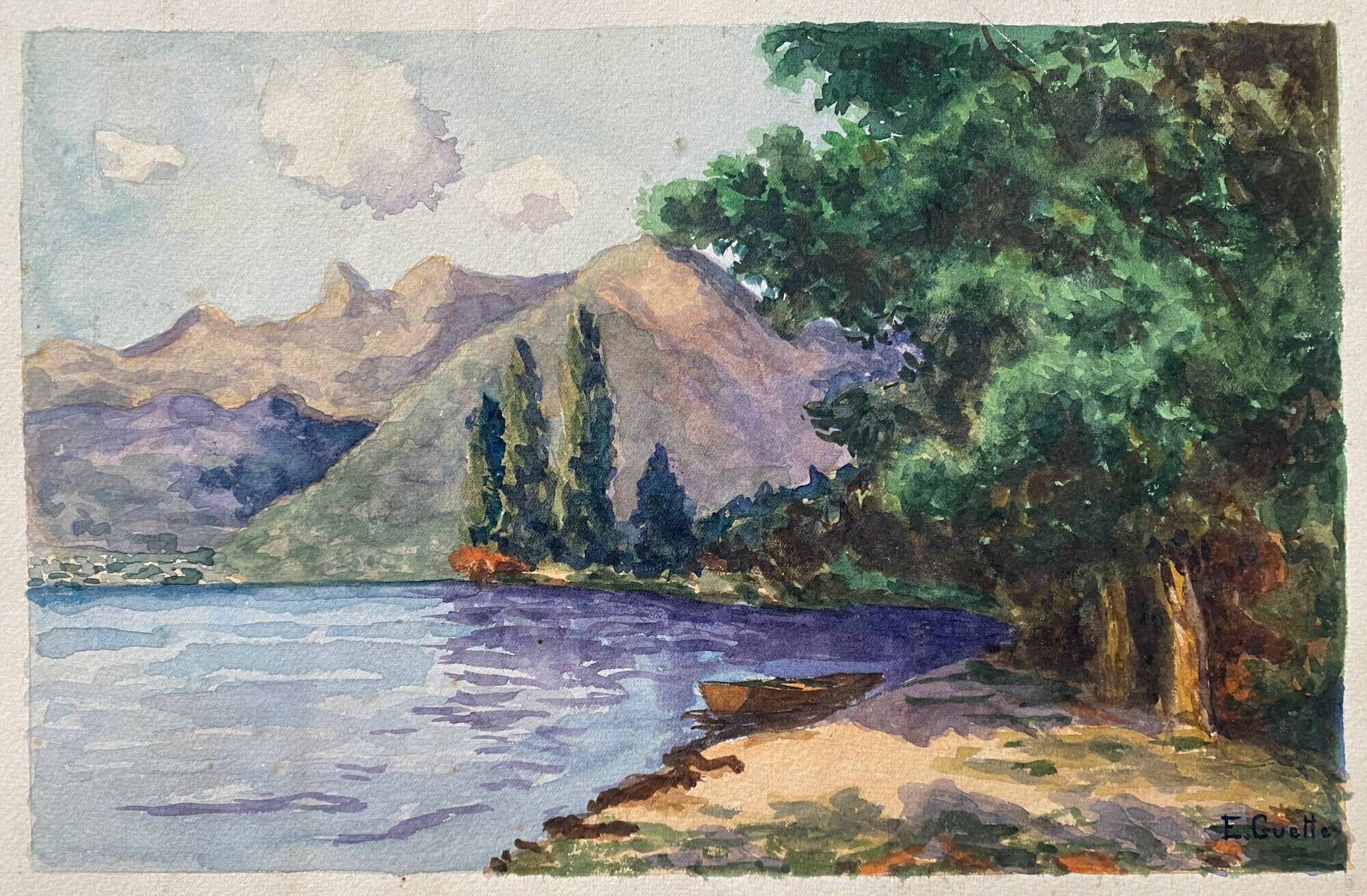 Watercolor painting "Lake and Mountain" signed E. Guette early 20th century