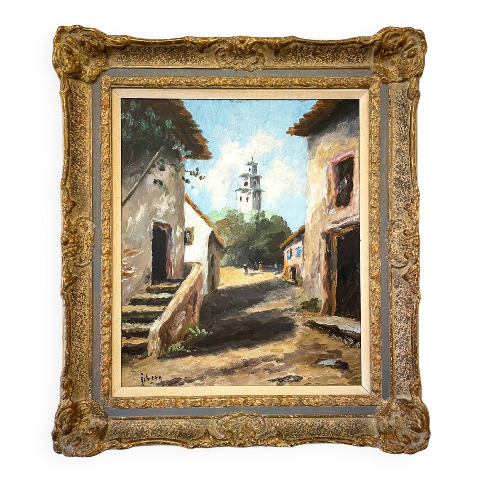 Old painting – Oil on canvas signed Stig Åsberg – Street view with tower