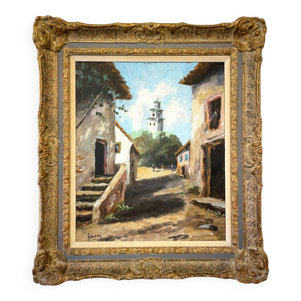 Tableau ancien, huile sur toile signée Stig Åsberg ''Vue de rue avec tour