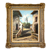 Tableau ancien, huile sur toile signée Stig Åsberg "Vue de rue avec tour"