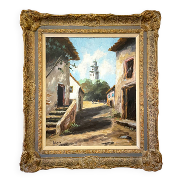 Old painting, oil on canvas signed Stig Åsberg "Street view with tower"