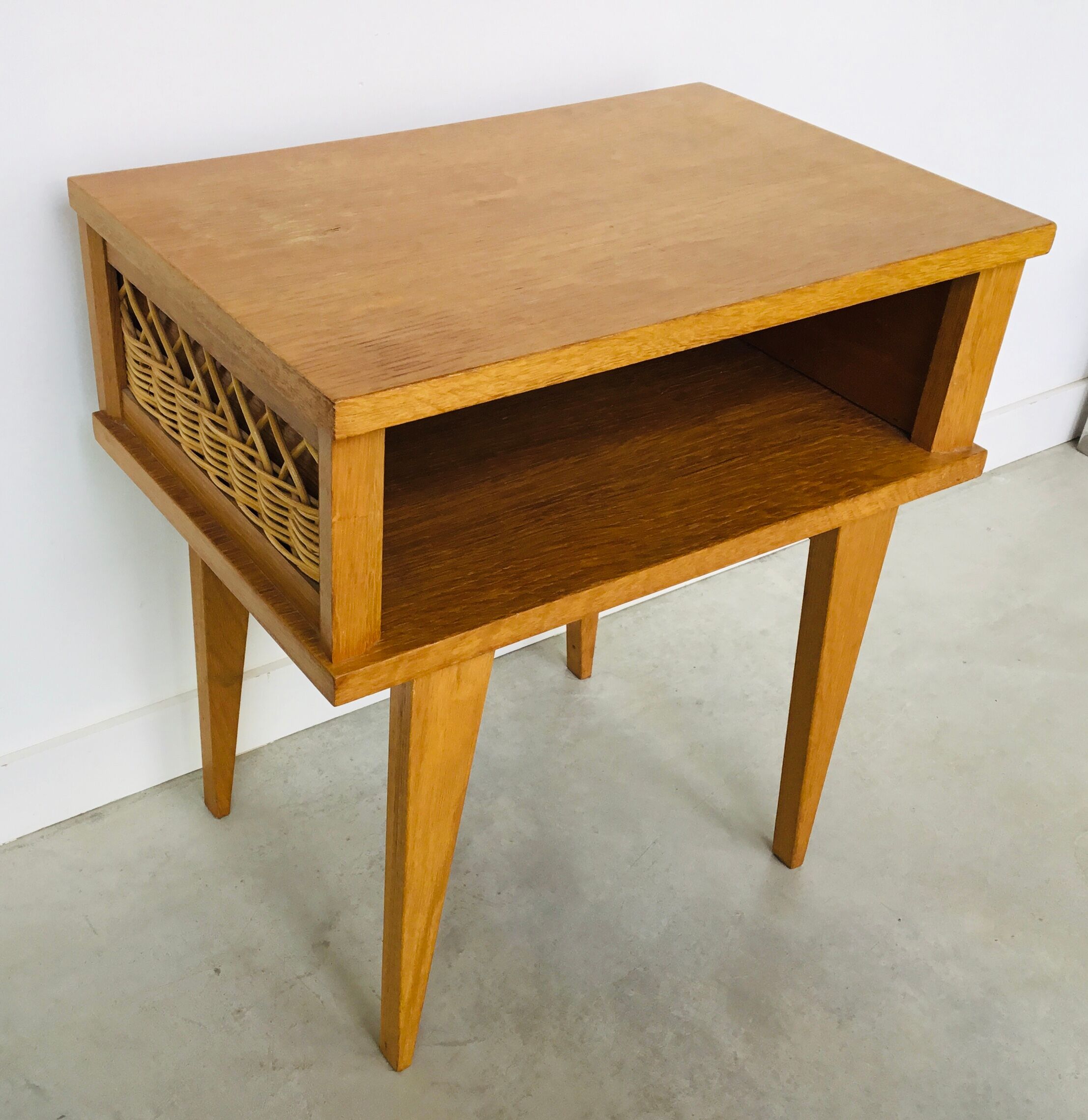 Vintage light wood and rattan bedside - 1960