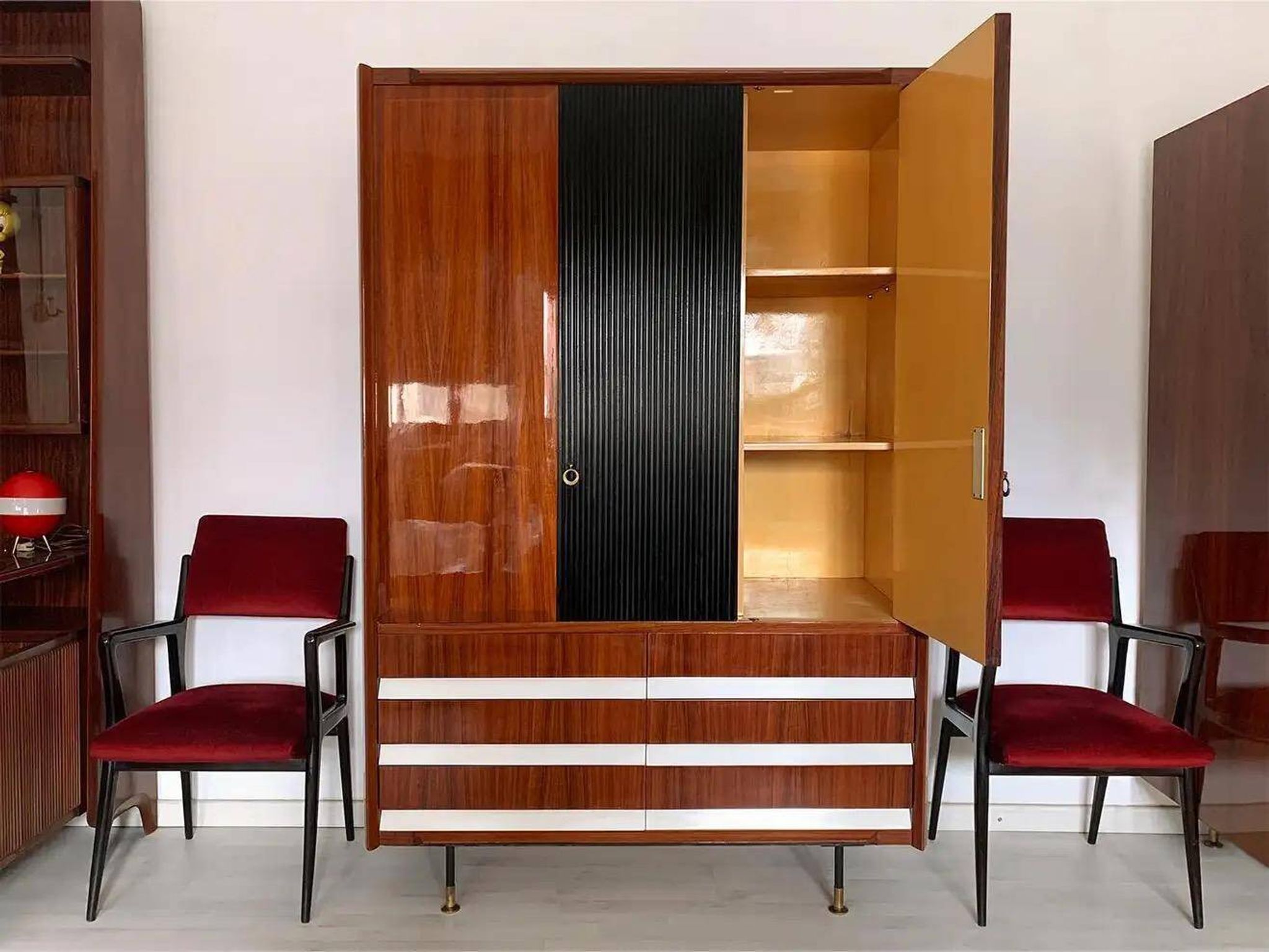 Vintage Italian Wardrobe, Walnut, Fluted Wood, Brass Feet 1950s italian