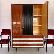 Vintage Italian Wardrobe, Walnut, Fluted Wood, Brass Feet 1950s italian