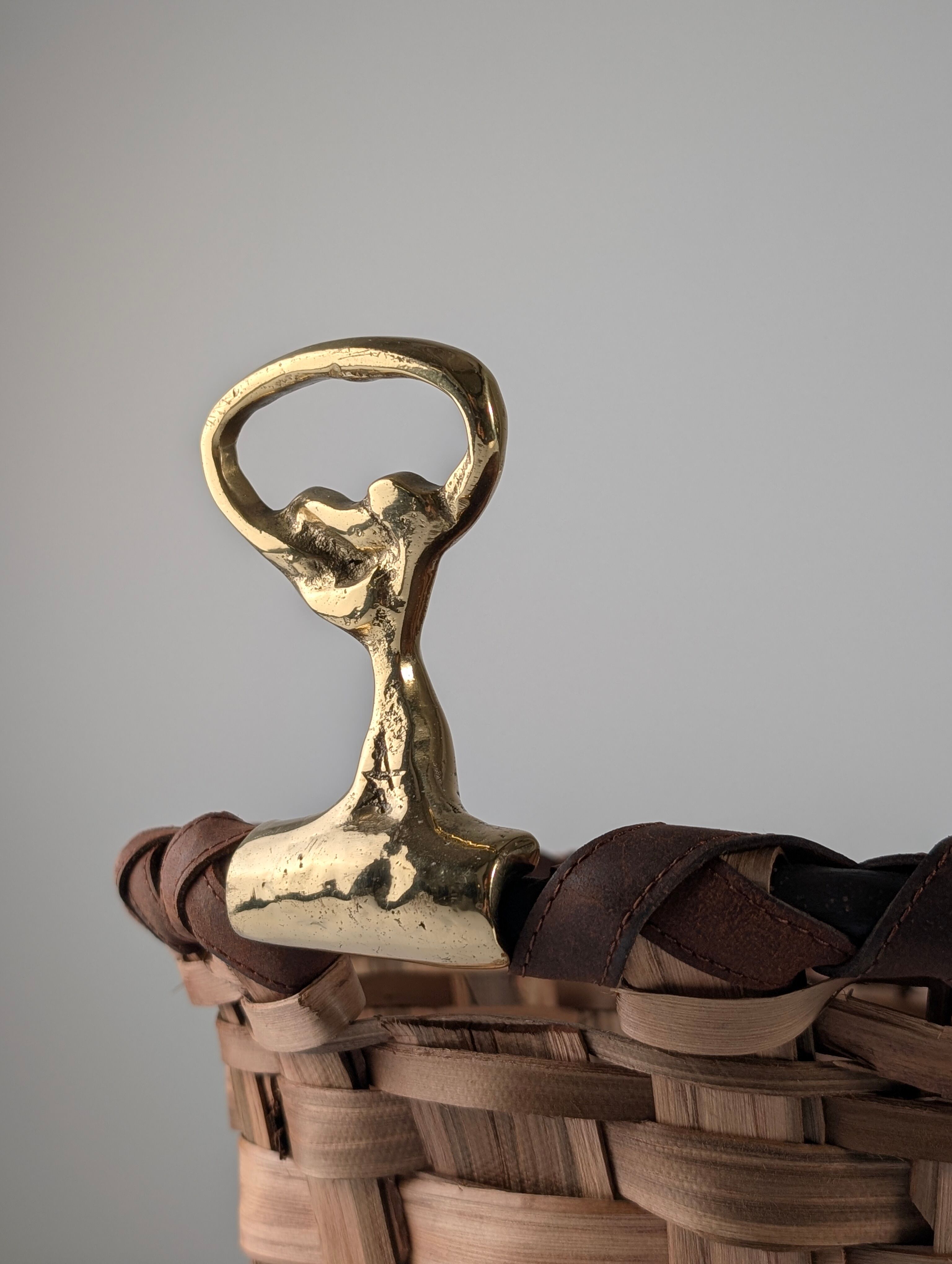 David Marshall brutalist splint wood and cast brass basket, 1970s