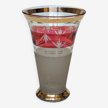 Granite art deco bohemian crystal vase with cranberry pink band and gold edging