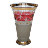 Granite art deco bohemian crystal vase with cranberry pink band and gold edging