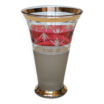 Granite art deco bohemian crystal vase with cranberry pink band and gold edging