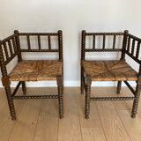 Turned wood corner armchairs