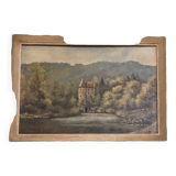 Petit tableau d'un chateau en bordure de rivière