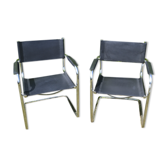 Set of 2 Cantilever style chairs in steel and skai