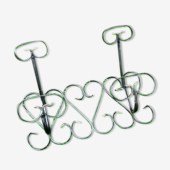 Wall coat rack two hooks wrought iron with scroll patterns 1950s