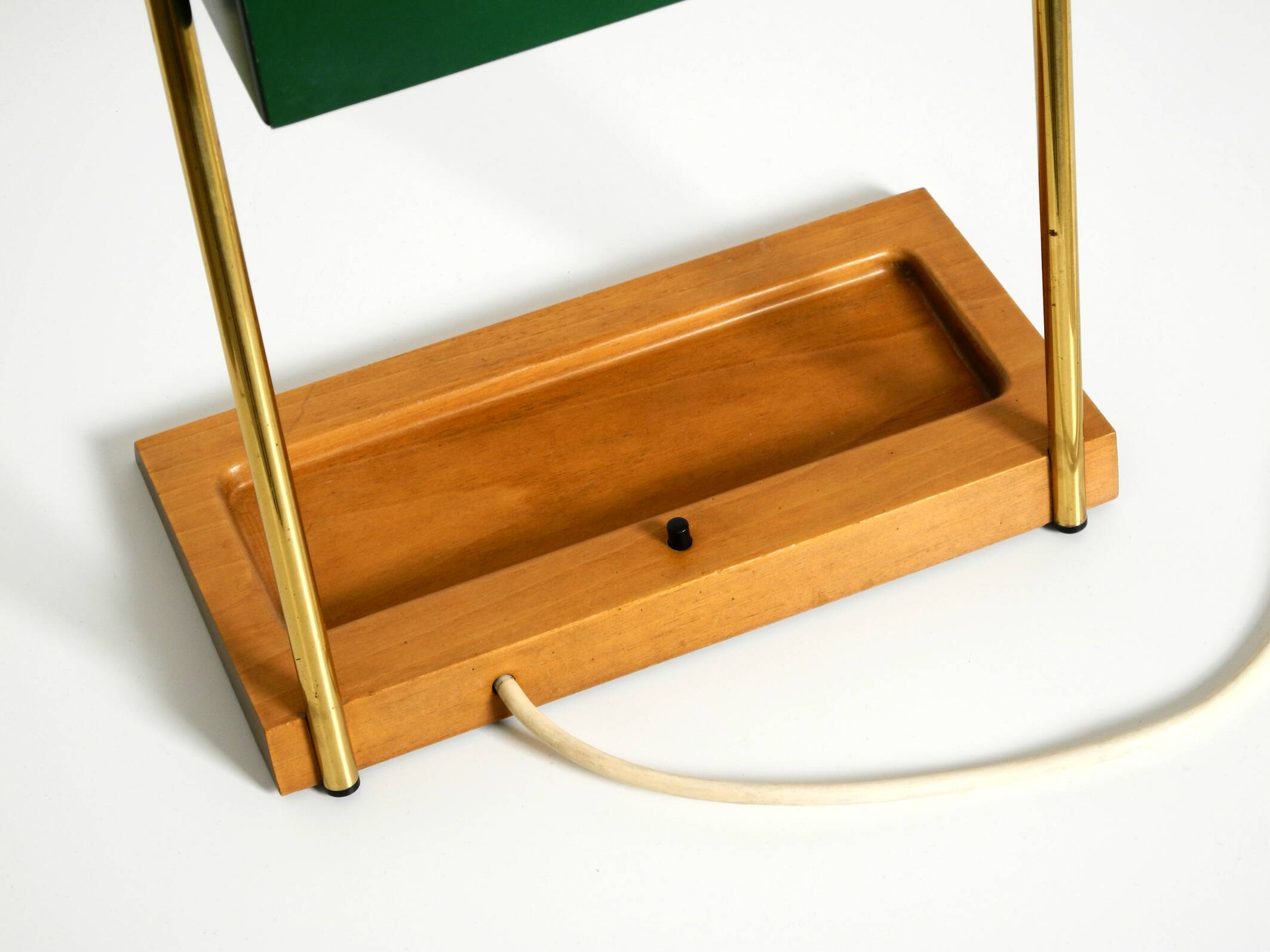 1960s Temde table lamp with a brass frame, teak base, and green lampshade