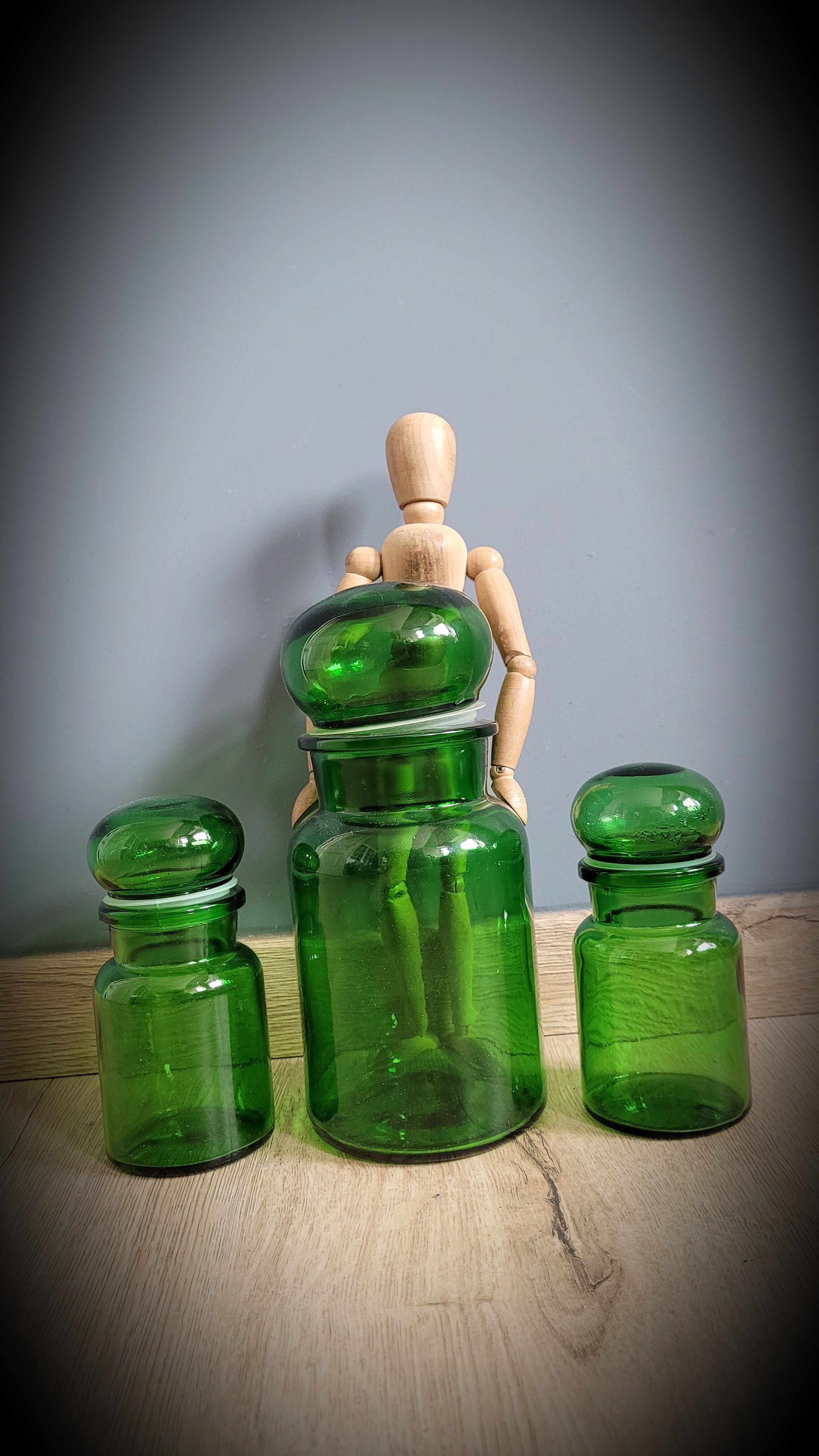 Trio green apothecary vials