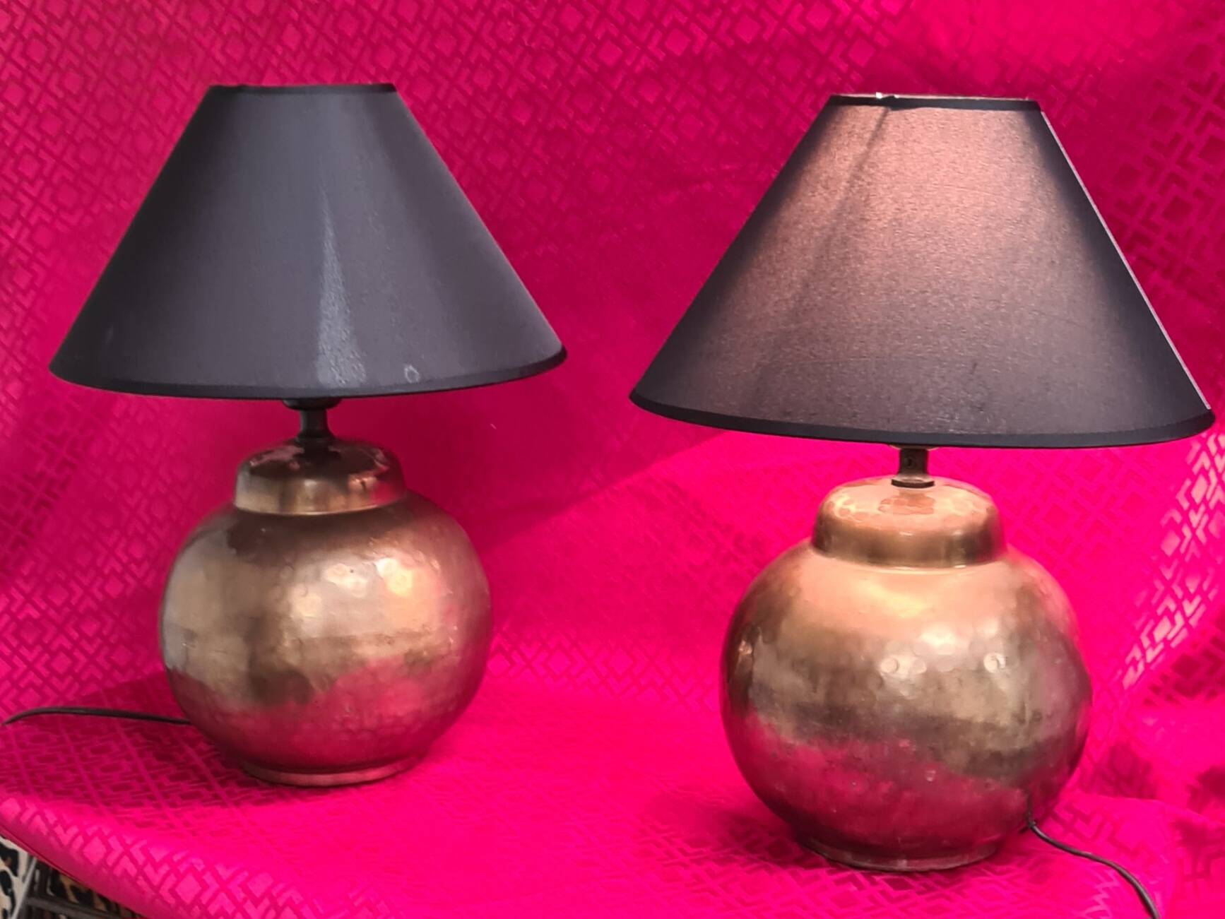 pair of hammered copper bedside lamps 41x30 very good condition elec ok