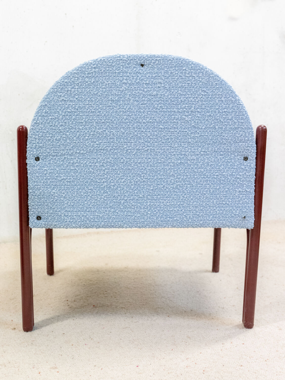 Souvignet armchair reupholstered in sky blue boucle.