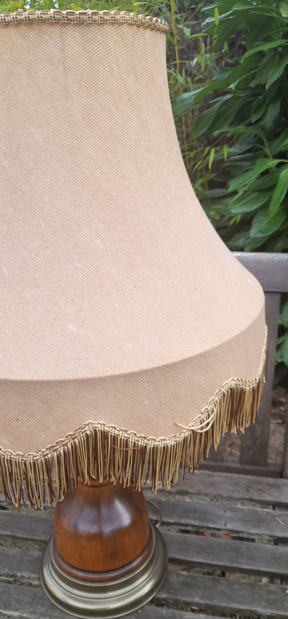Large rustic table lamp foot wood & brass, lampshade pagoda beige fabric, years 50/60