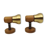 Pair of spot style wall lamps in wood and gilded metal