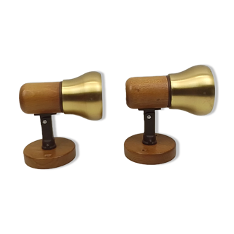 Pair of spot style wall lamps in wood and gilded metal