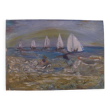 Hs painting/canvas fishing scene fisherman from cagnes sur mer signed lower right