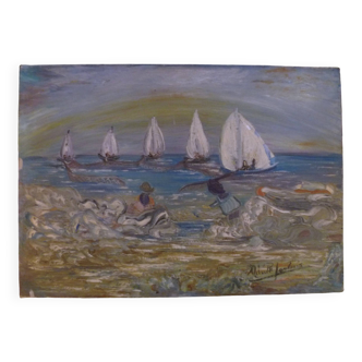 Hs painting/canvas fishing scene fisherman from cagnes sur mer signed lower right