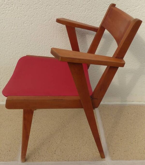 Fauteuil de bureau  pieds compas et assise en skaï rouge, 1950