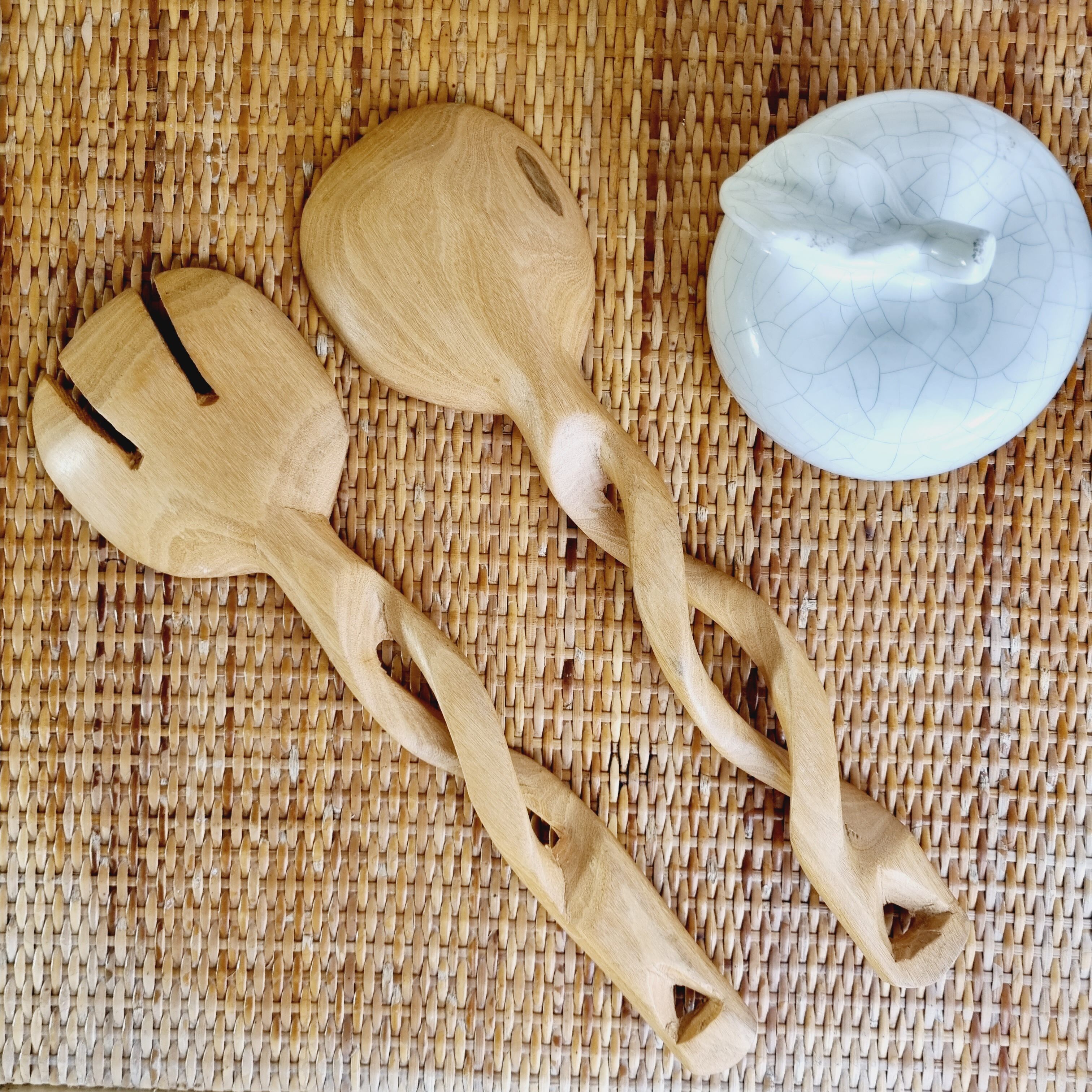 Set of hand-carved olive wood salad cutlery