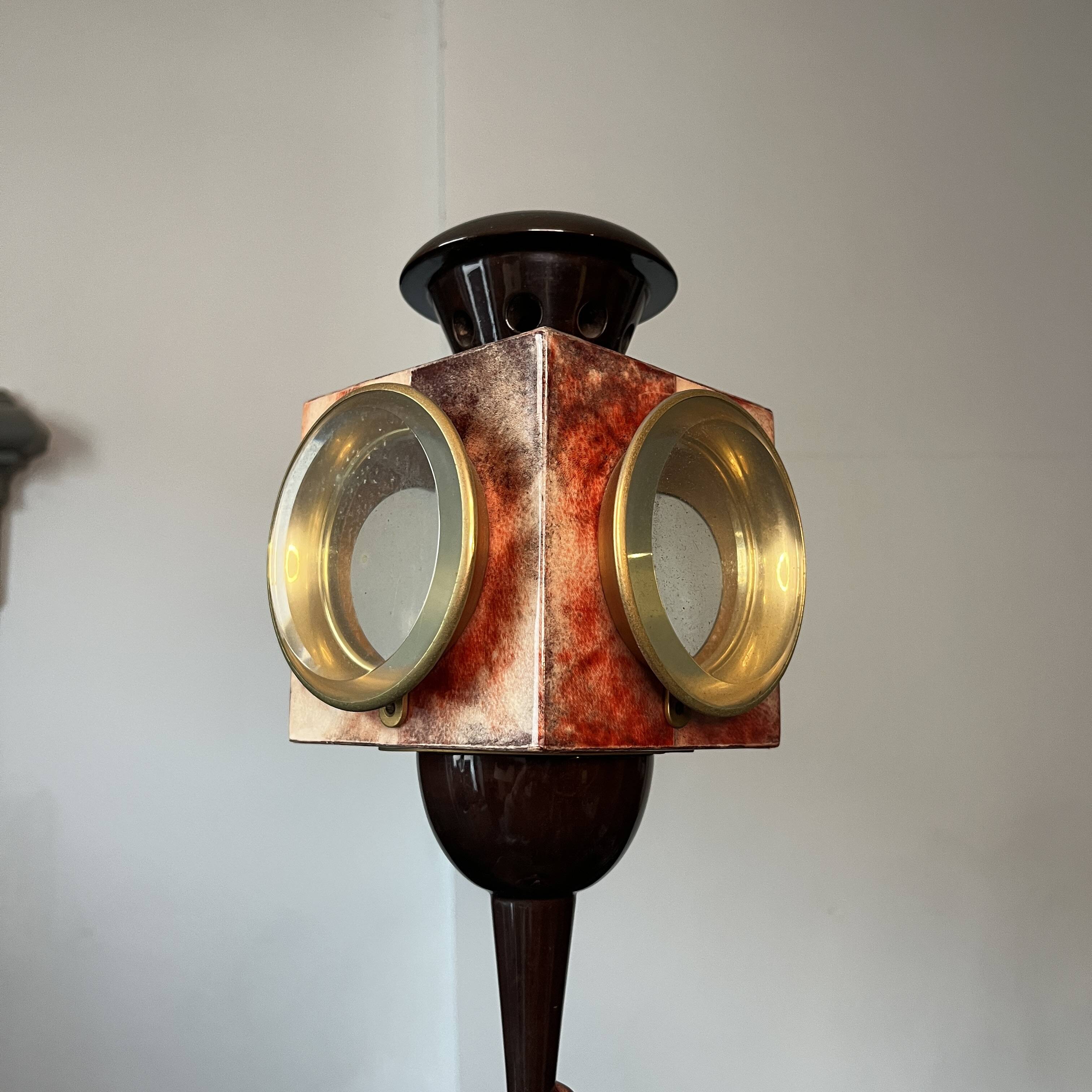 'bird' floor lamp by aldo tura, red goatskin parchment, ca 1950