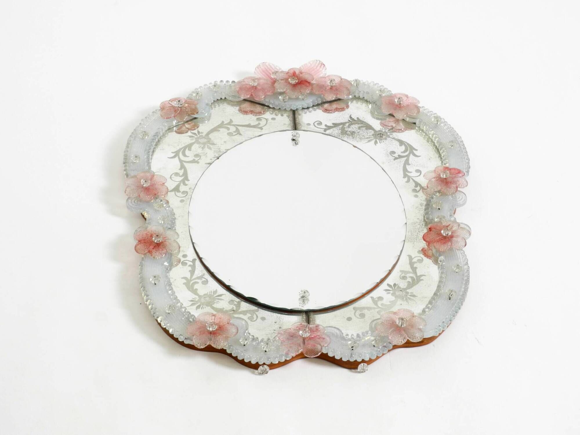 Italian mid-century wall mirror with a Murano glass frame and blossoms