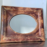 Antique leather framed mirror with gildings 30 cm x  24 cm
