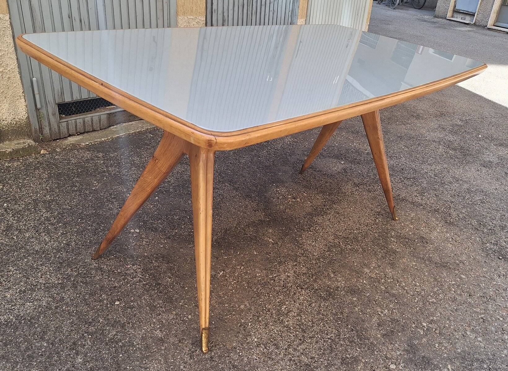 Dining Table Wooden Base, Brass Finishes, Wooden and Blue Glass Top, 1950s