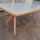 Dining Table Wooden Base, Brass Finishes, Wooden and Blue Glass Top, 1950s