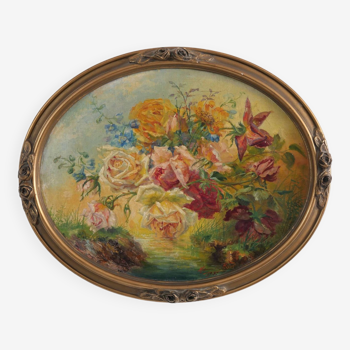 Oil on oval panel "bouquet of flower"