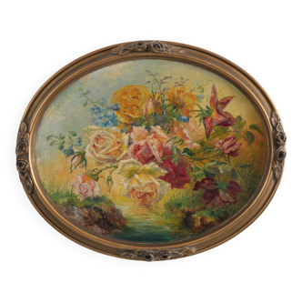Oil on oval panel "bouquet of flower"