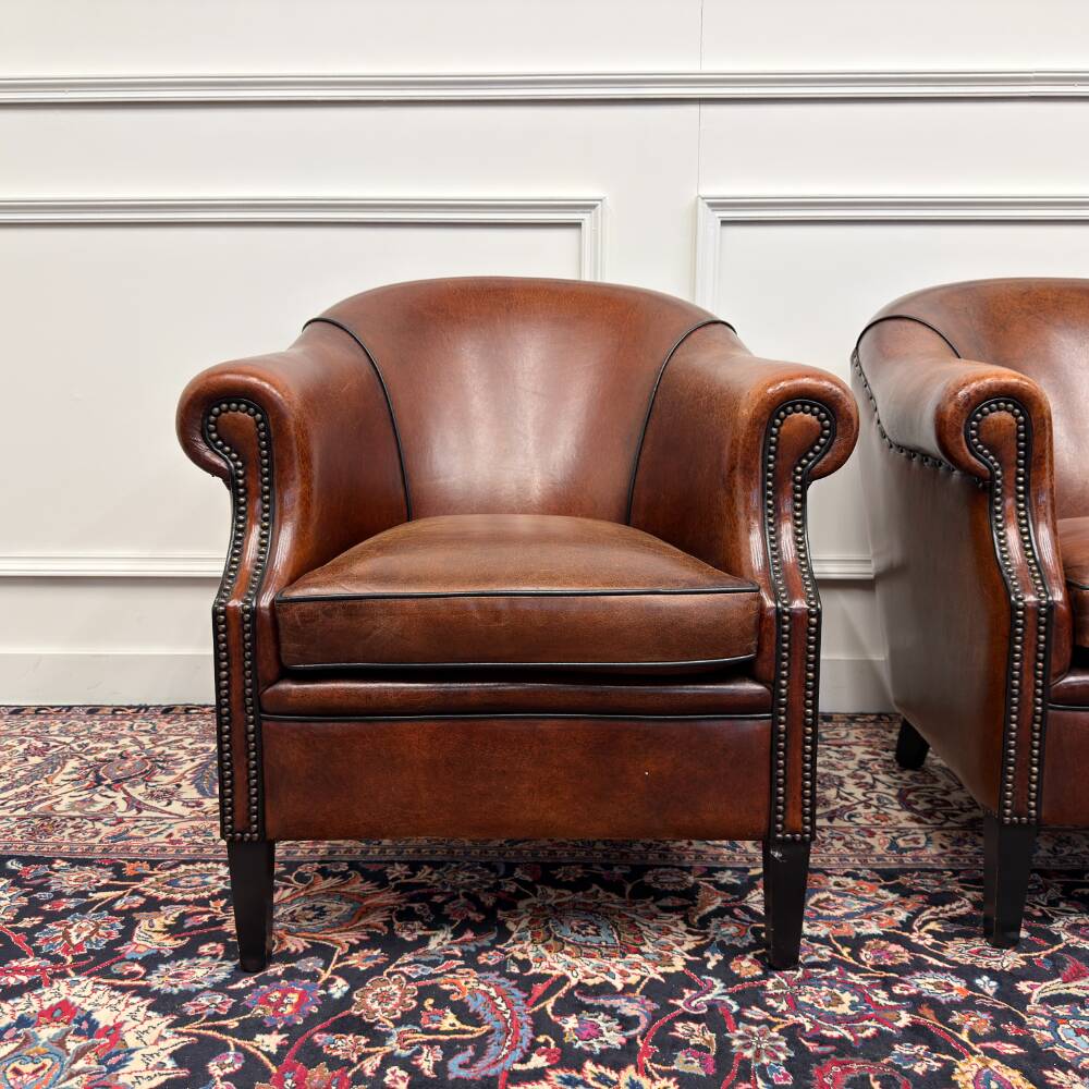 Classic English Sheepskin Leather Armchairs
