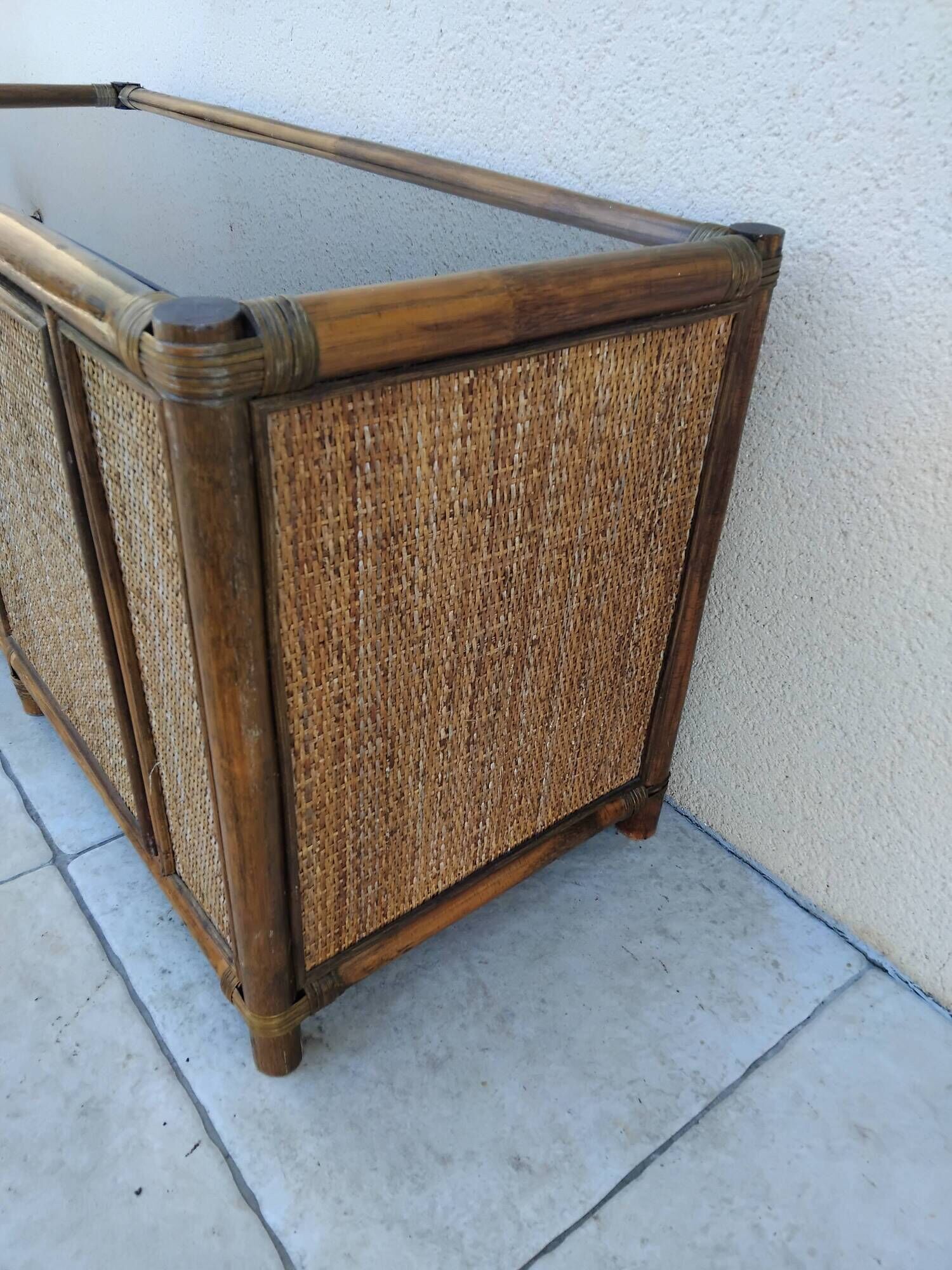 Vintage sideboard TV unit in rattan, bamboo and glass.