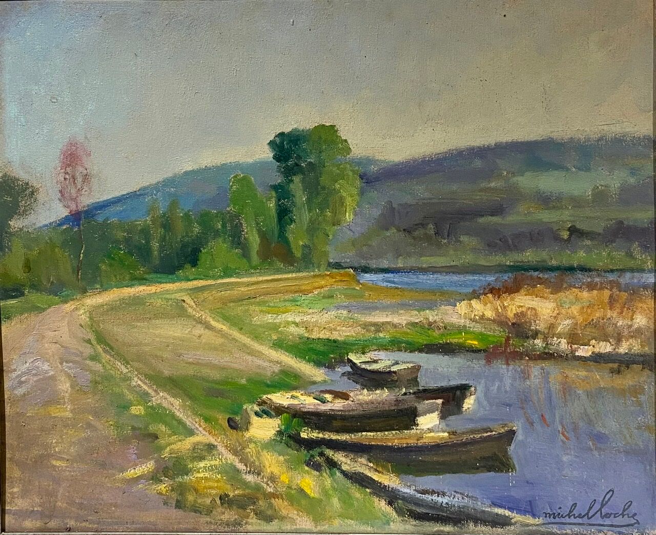 Old painting, landscape on the edge of a pond, Signed Michel Loche (1897;1976)