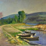Tableau ancien, paysage bord d’un étang, Signé Michel Loche ( 1897;1976)