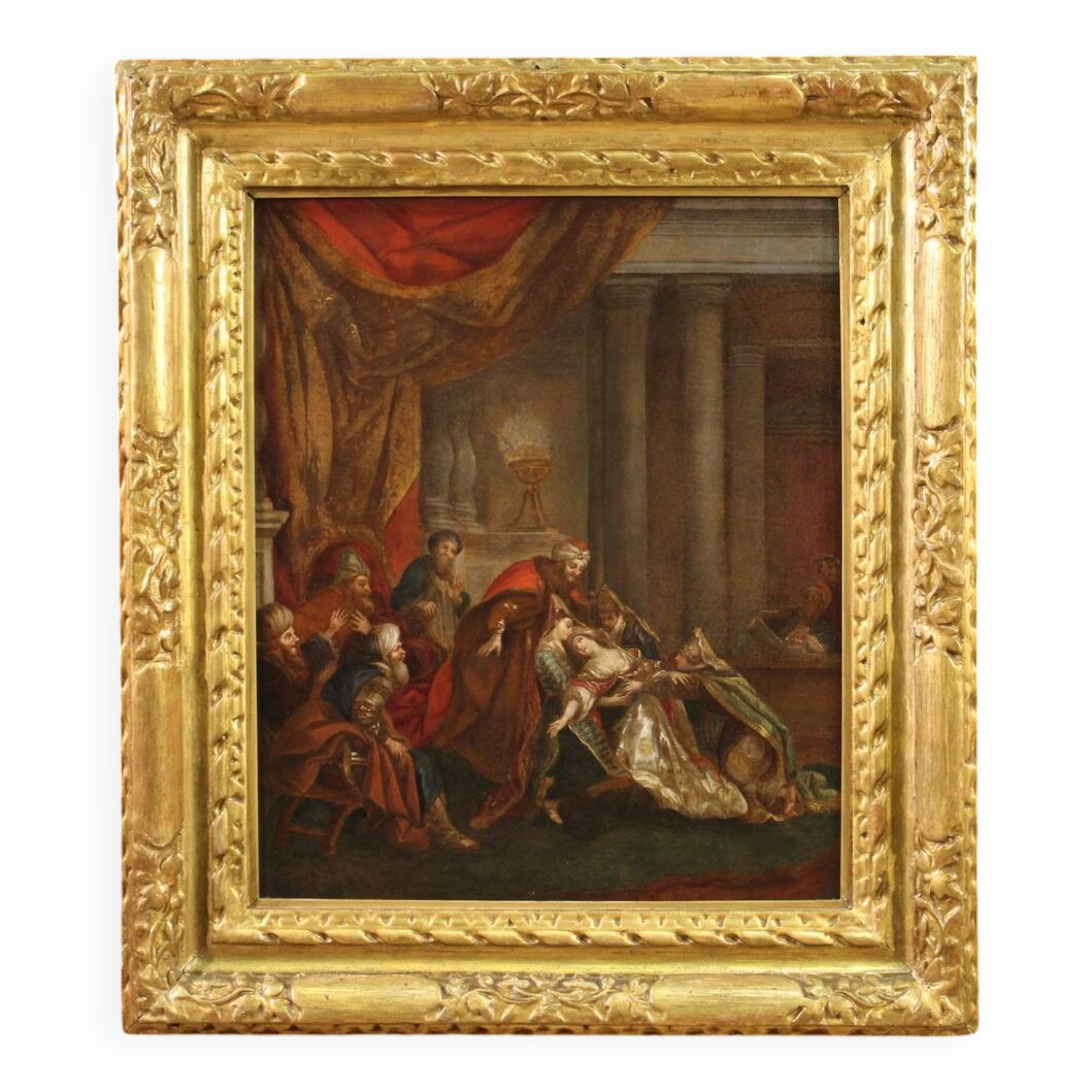 Antique painting from the 18th century, Esther fainting before Ahasuerus