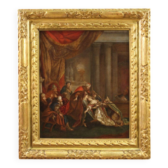 Antique painting from the 18th century, Esther fainting before Ahasuerus