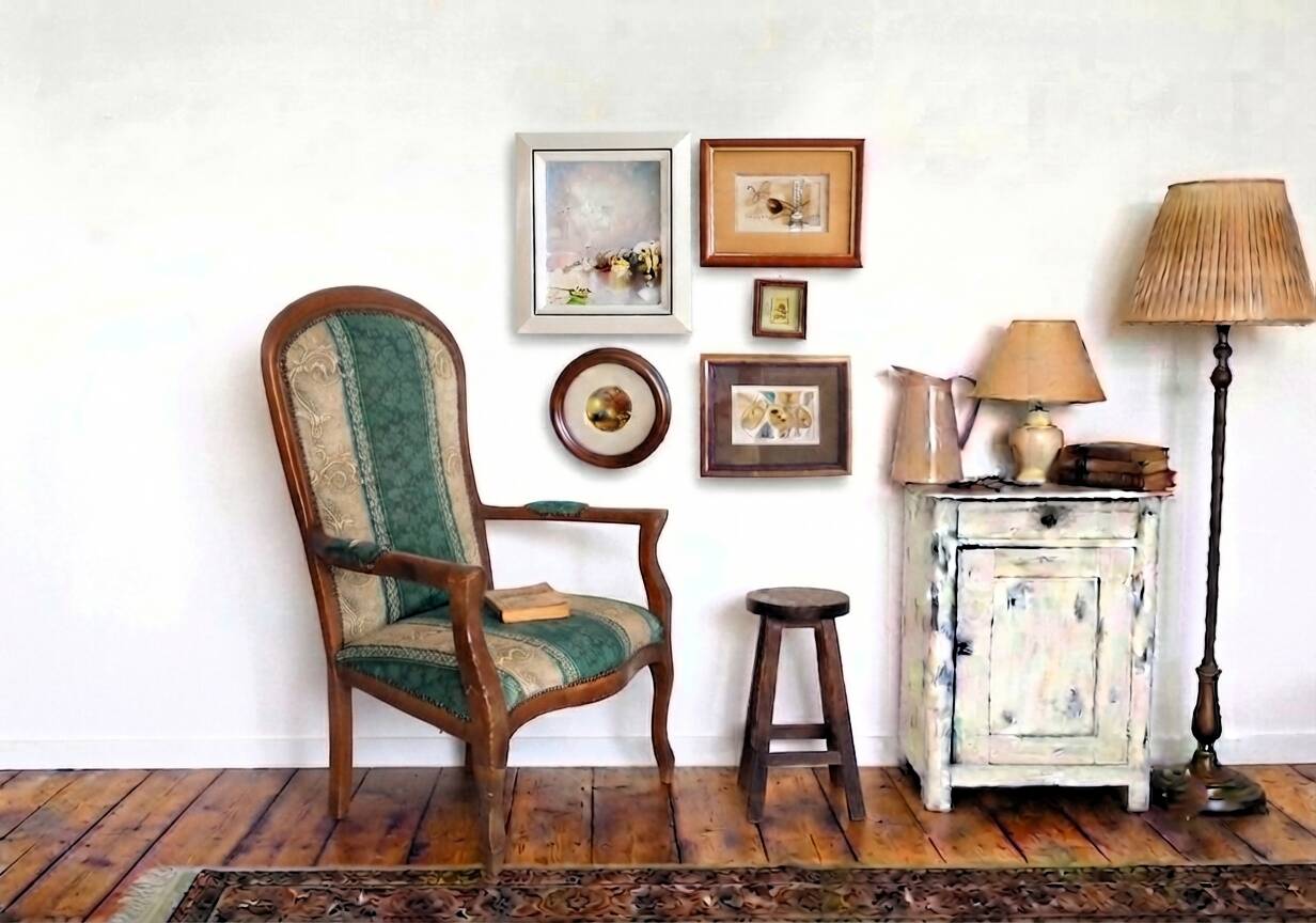 Vintage Voltaire Armchair Green and Beige with Floral Patterns