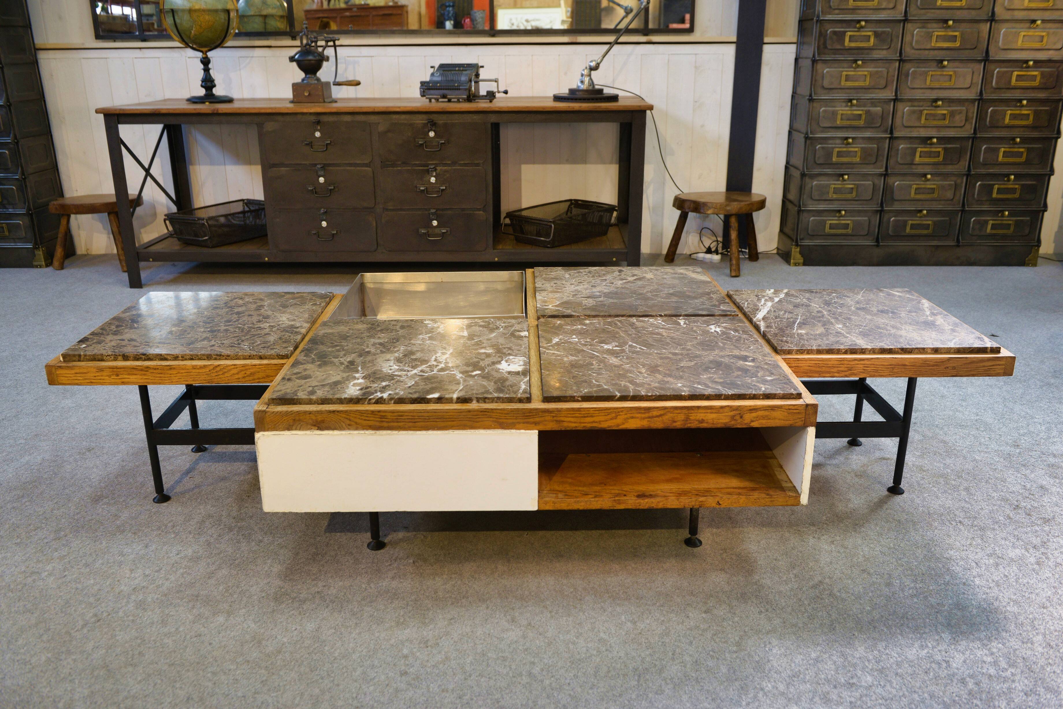Coffee table with steel base and oak and grey marble frame, 1970s