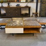 Coffee table with steel base and oak and grey marble frame, 1970s