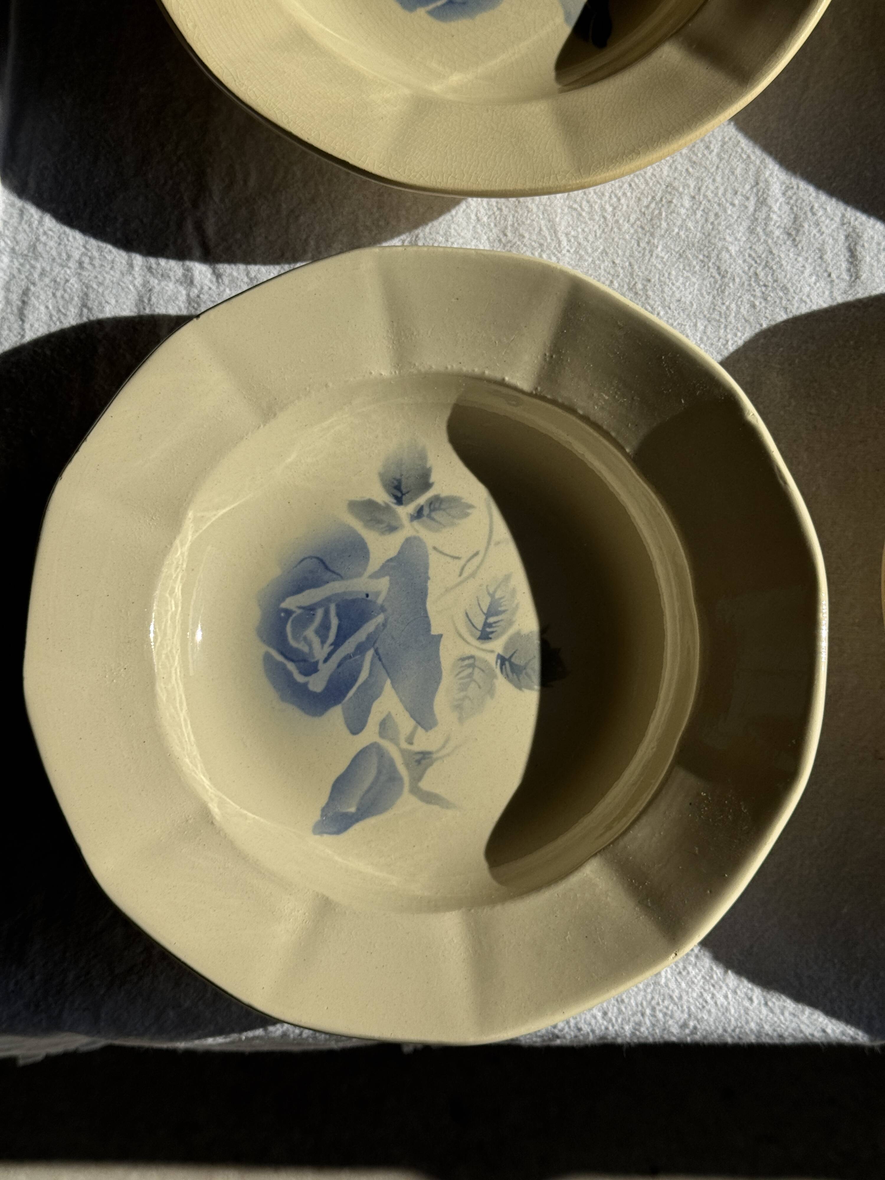 Set of 12 beige, pink, and blue deep plates from Digoin Sarreguemines, vintage.