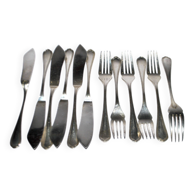 Christofle lot de 12 couverts à poisson Spatours 6 fourchettes + 6 couteaux filet contour